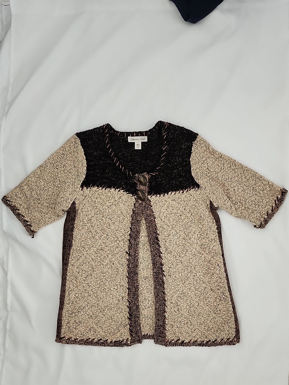 Coldwater Creek Beige and Black Short-Sleeve Knit Open Front Cardigan